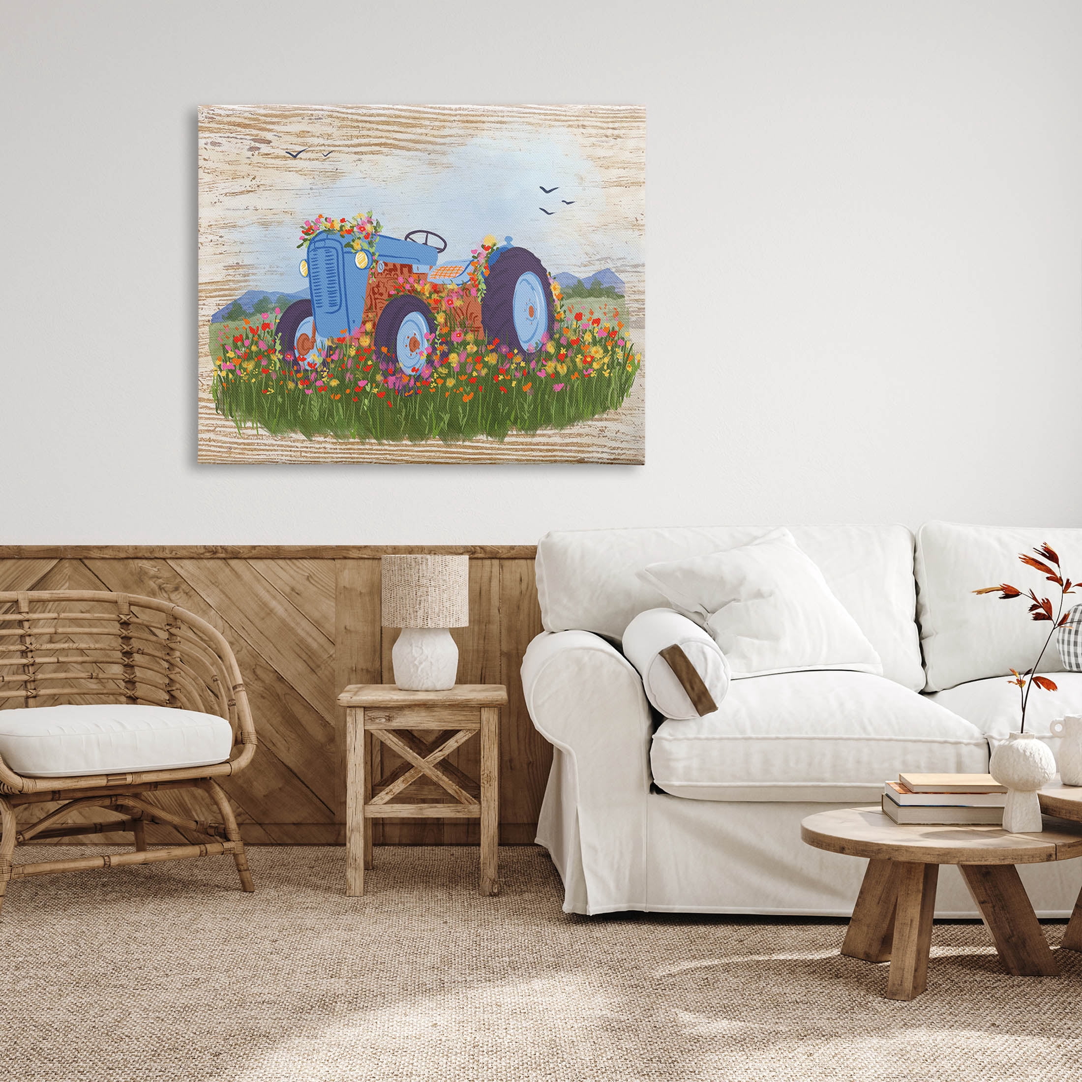 Farmhouse Tractor Floral Blooms Transportation Graphic Art Gallery Wrapped Canvas Print Wall Art