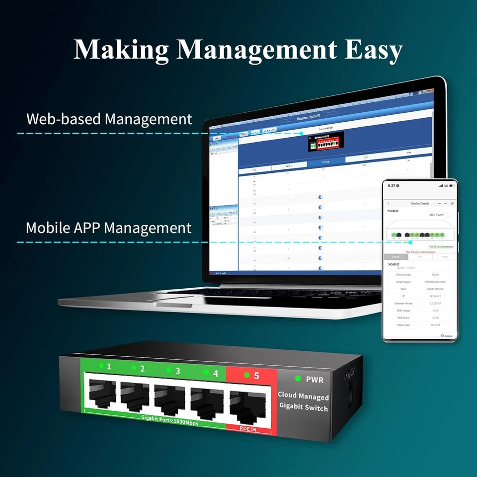 PRIME - 5-Port Gigabit Ethernet Switch – Vlan/Qos, Plug & Play, Metal, Poe-In
