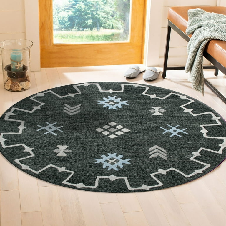 LR Home Vena Hand Hooked Charcoal Gray / Blue 5 ft. Geometric Bordered  Round Rug