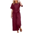 thumbnail image 1 of Tenues Décontractées pour Femmes 2 Pcs Ensembles de Printemps pour Femmes Ensemble de Vêtements Femme Col Rond Manches Courtes Hauts Pantalons Ensembles Style Pantalon Décontracté S_388 Survêtements pour Femmes Bourgogne TTG, 1 of 6