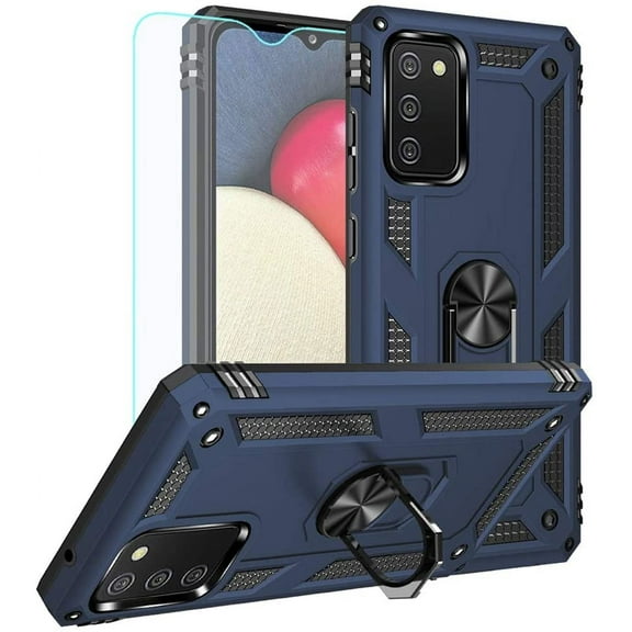 for Galaxy A02S Case with HD Screen Protector,[Military Grade] Ring Car Mount Kickstand Hybrid Hard PC Soft TPU Shockproof Protective Case for Samsung Galaxy A02S (Blue)