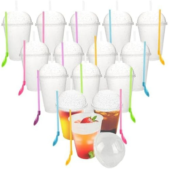 15 Set White Clear Plastic Cups with Dome Lids and Straws, Straws Spoon, Reusable Plastic Iced Coffee Cups Slushie Smoothie Tumbler for Cold Drinks Fruit with Lids Summer Party Supplies, 16 oz