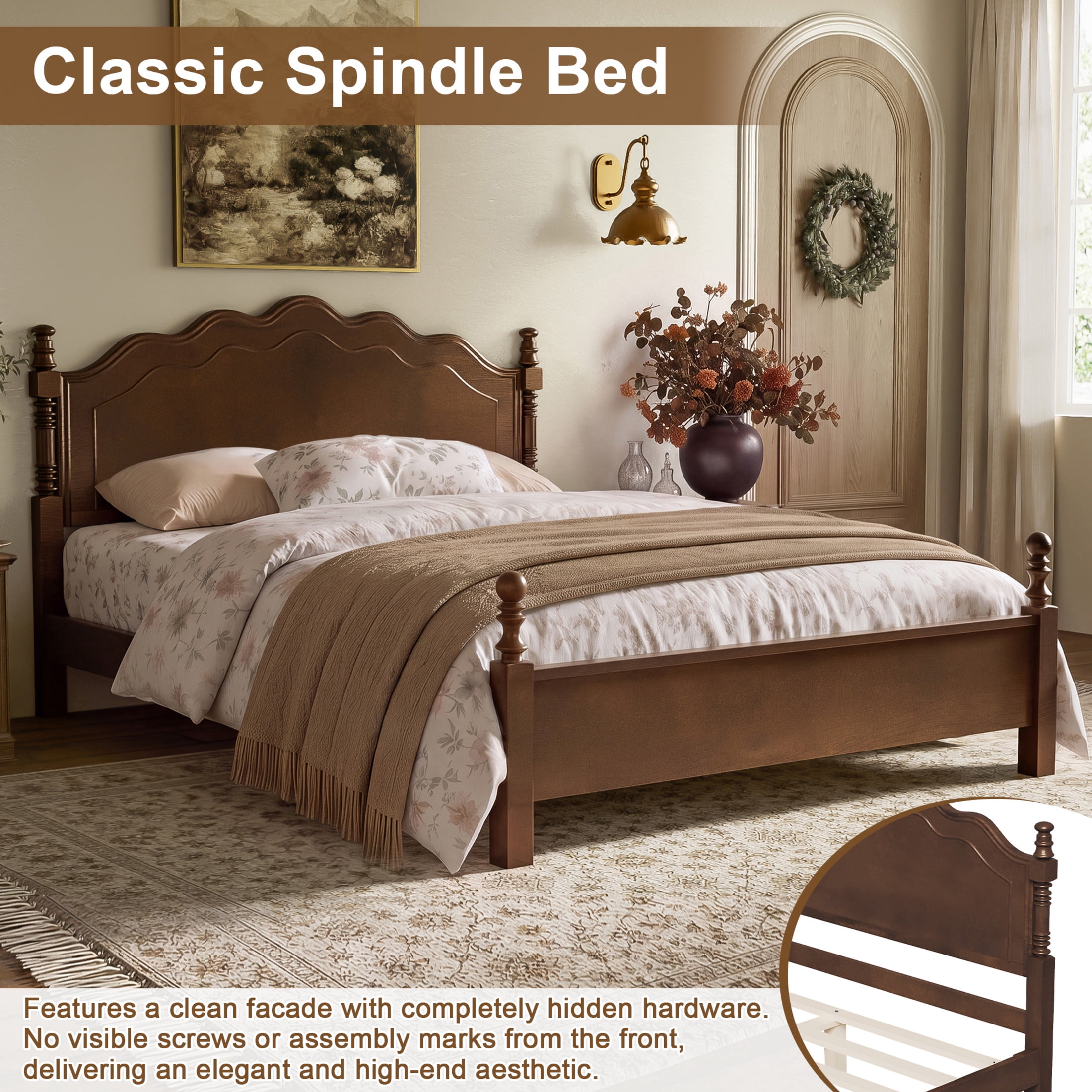 Noble House Queen Size Wood Platform Bed with Curved Headboard, Spindle Posts, Espresso