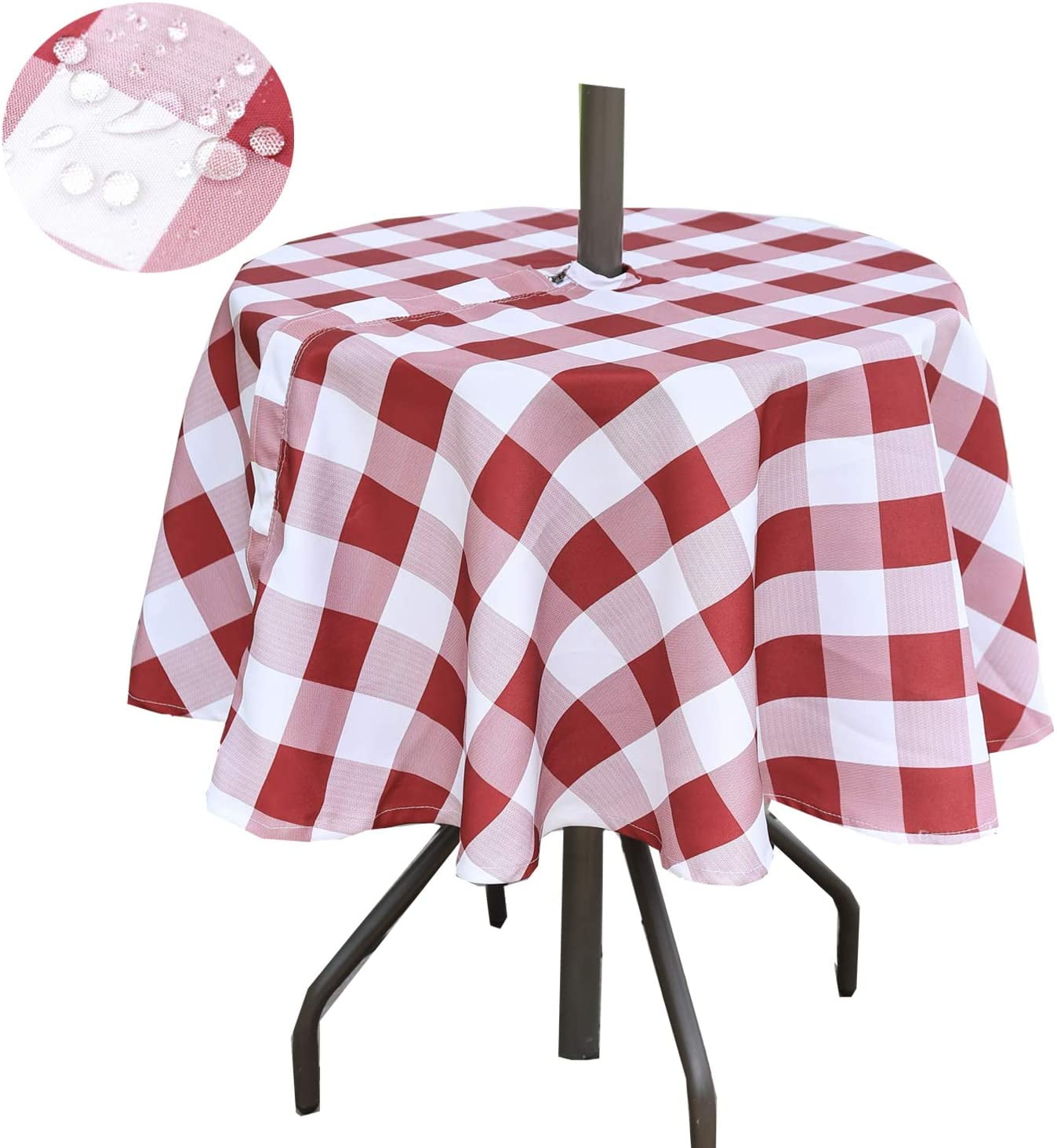 Outdoor Tablecloth Round with Umbrella Hole Waterproof Plaid Tablecloth