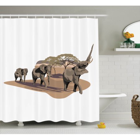 Savannah Bathroom Accessories Elephants Decor Shower Curtain Set, African Elephants On Savannah Graphic Image Animals In Habitat Safari Wildlife Decor, Bathroom Accessories, 69W X 70L Inches, By Ambesonne ()