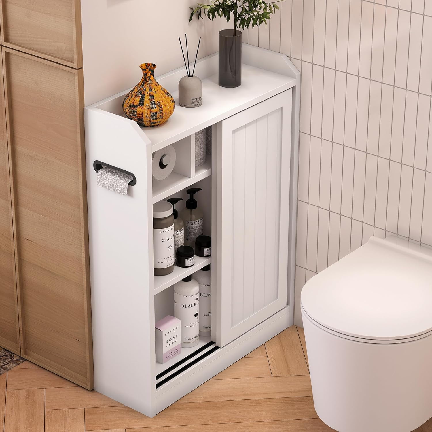 KZElegy Bathroom Cabinets Freestanding  Bathroom Storage Cabinets,Toilet Cabinets for Bathroom with Sliding Door and Toilet Paper Holder,Anti-Tilt Design,White,23in