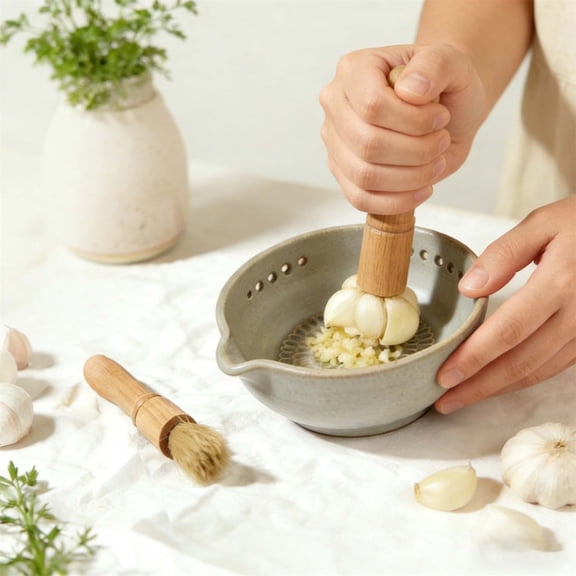 Handmade Garlic Shredder Bowl - Herb Chopper & Garlic Grater Tool, Durable Ceramic Bowl for Kitchen Prep, Easy-to-Clean Cooking Gadget, Essential Holiday Meal Seasoning Accessory, Green