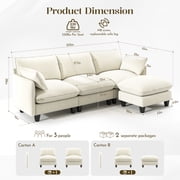 BedLuxury 105 Modular Sectional Sofa with Movable Ottoman, L-Shaped Deep Seat Cloud Couch for the Living Room, 3-Seat, Beige
