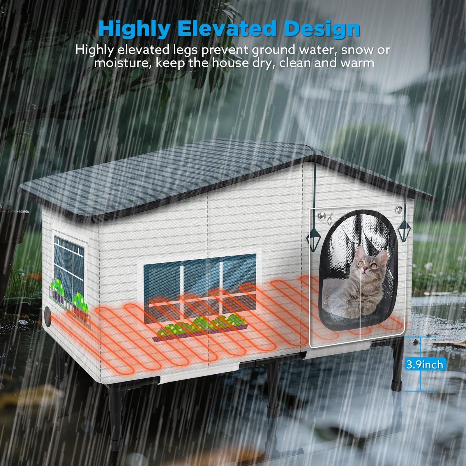 Siooko Heated Cat House for Outdoor Cats in Winter, Weatherproof Insulated Shelter with Heating Pad, Elevated Waterproof Safe Design for Feral and Outside Cats