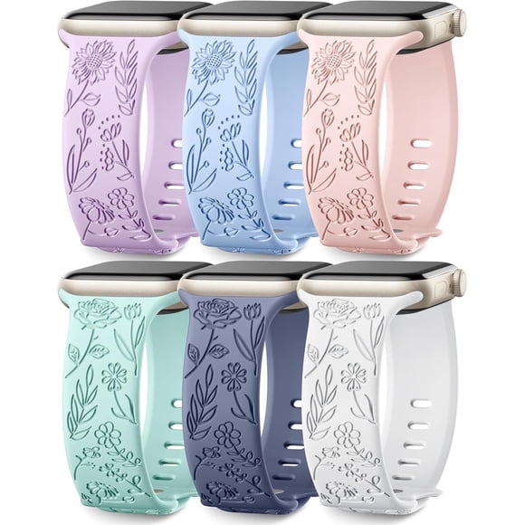 6 Piezas Correas Grabado Floral Compatible con Correa Apple Watch 40mm 41mm 38mm 42mm 44mm 45mm 46mm 49mm Mujer, Silicona Suave Flores Pulsera para iWatch Ultra SE Series 11 10 9 8 7 6 5 4 3 2 1