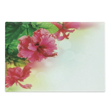 Floral Cutting Board, Hibiscus Flower Florets Buds Leaf Essence Fragrance Blossoms Garden Image, Decorative Tempered Glass Cutting and Serving Board, Large Size, Hot Pink Fern Green, by Ambesonne