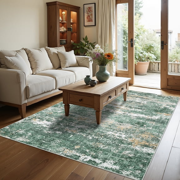 Garvee 5'x7' Modern Abstract Area Rug Washable Accent Carpet, Non-Slip Low Pile Indoor Mat for Living Room Bedroom Home Office, Green