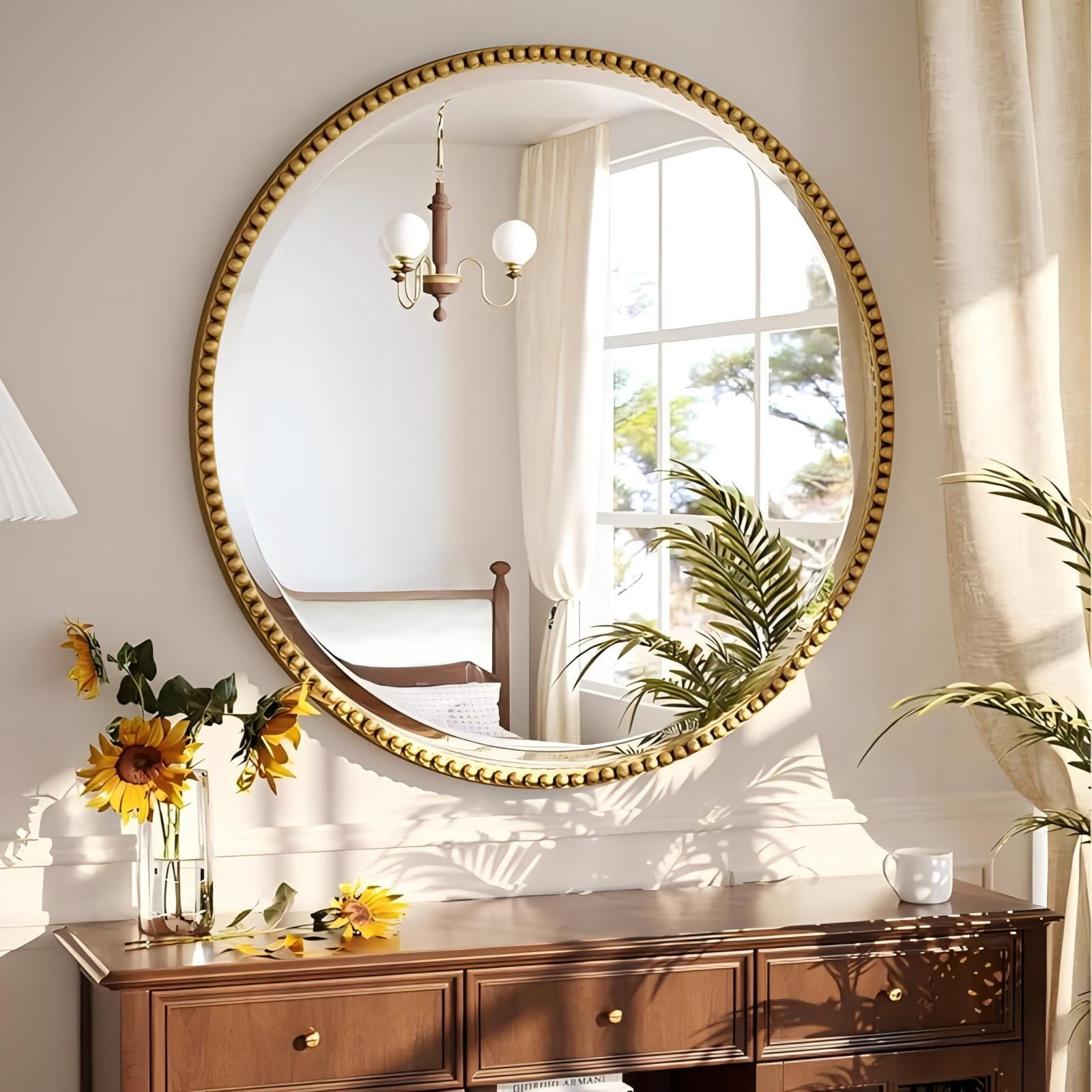 Mirrasia 24" Round Wall Mirror Decoration Hanging Mirror With Beaded Frame,Gold