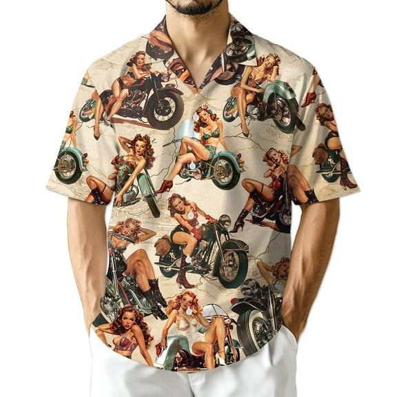 Netecom Pin Up Girls On Motorcycles Hawaiian Shirt for Men Women, Vintage Summer Button Down Aloha Summer Beach Shirts, S-5XL