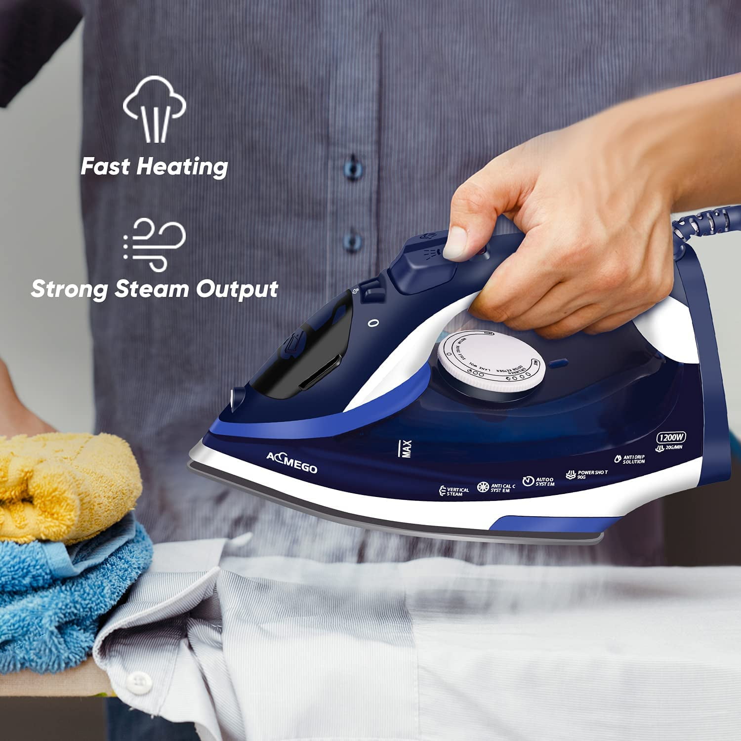 AEMEGO Steam Iron for Clothes Lightweight Portable Iron with Non Stick Ceramic Blue