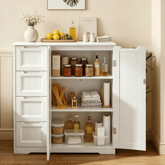Pantry Storage Cabinet, Lofka Kitchen Cabinet with Adjustable Shelves, 4 Drawers & Cabinet Doors, White