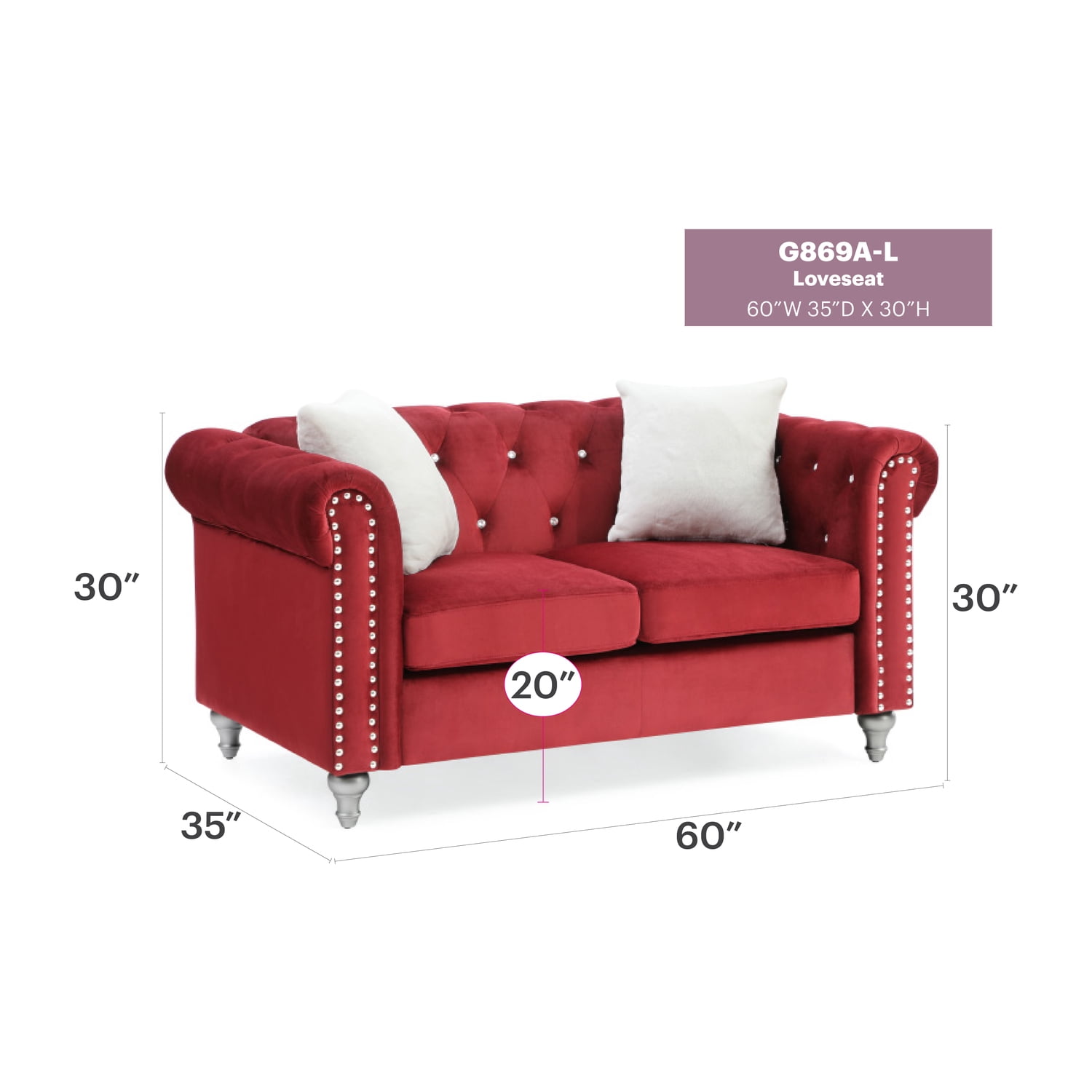 Glory Furniture Raisa Velvet Loveseat in Burgundy