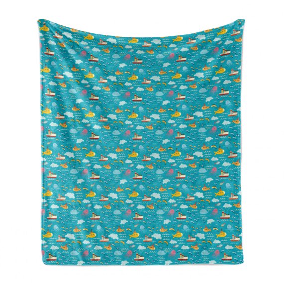 Ocean Soft Flannel Fleece Throw Blanket, Marine Pattern with Ships Submarines Colorful Fish and Whales Nautical Arrangement, Cozy Plush for Indoor and Outdoor Use, 60" x 80", Multicolor, by Ambesonne