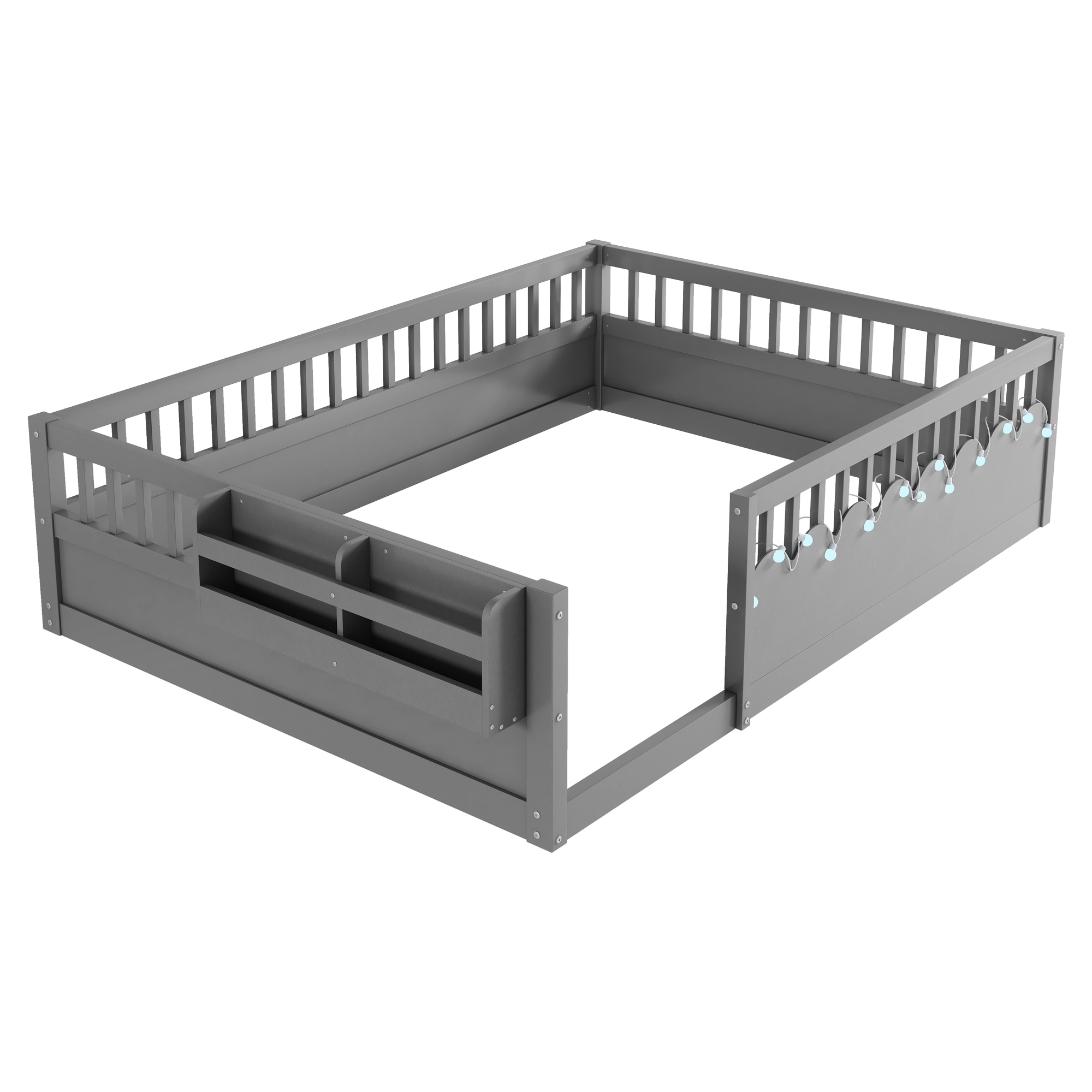 Euroco Wood Full Size Montessori Floor Bed with Guardrails and LED Light, Kids Bed with Storage Shelves, Gray