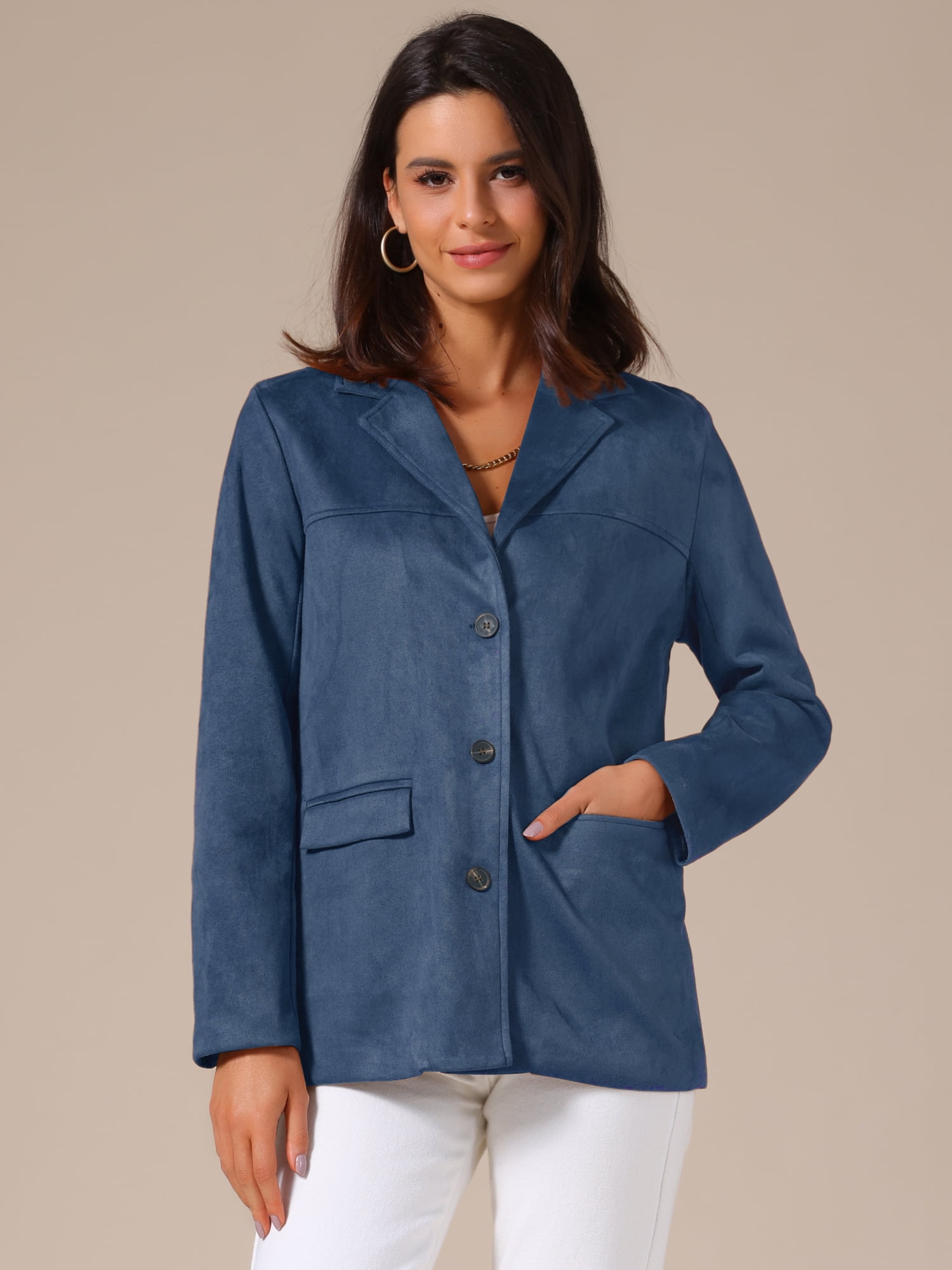 DARING DIVA Women's Faux Suede Lapel Open Front Long Sleeve Blazer Jacket S Deep Blue
