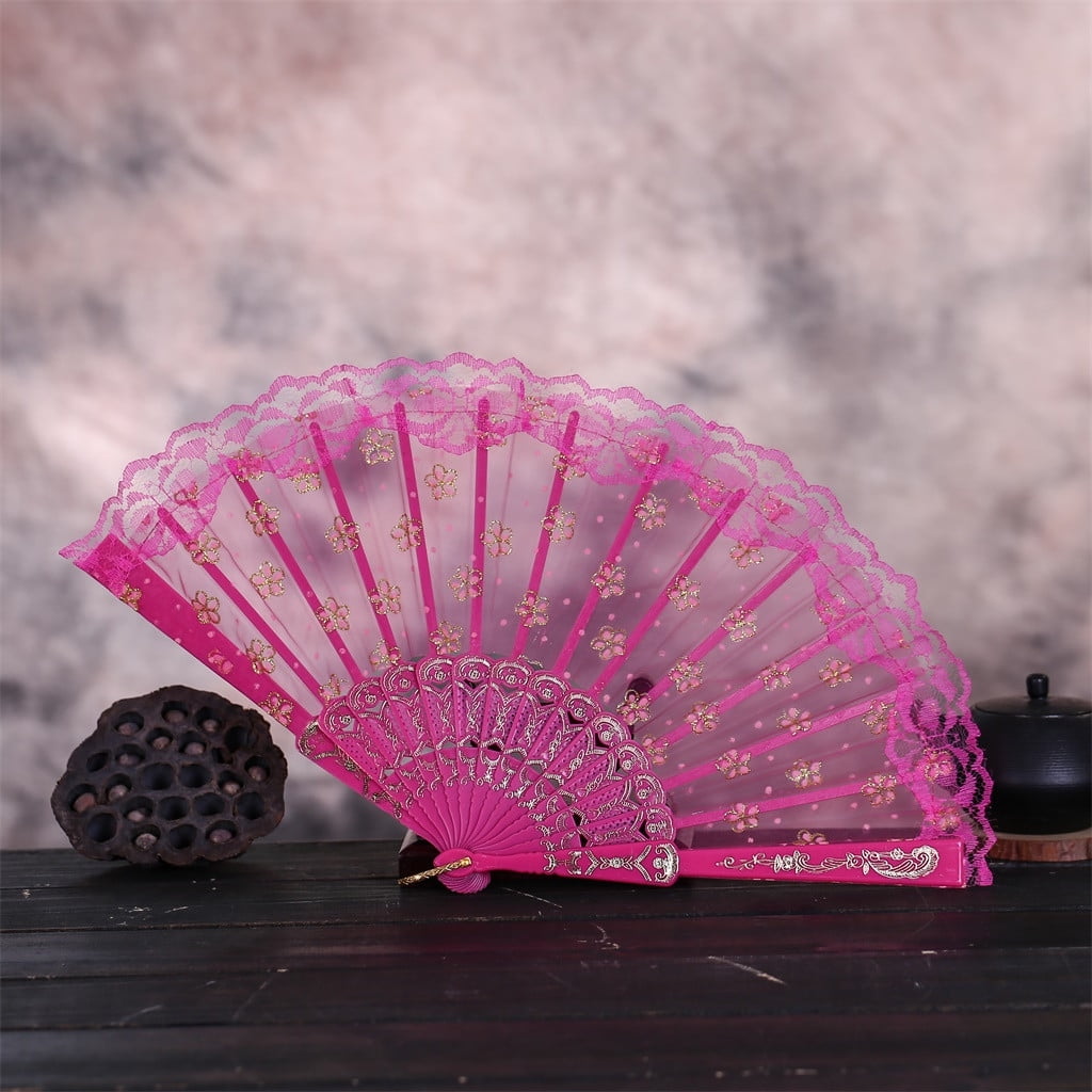 Chinese Style Fashion Lace Silk Folding Hand Held Flower Fan Dance Wedding Party 
