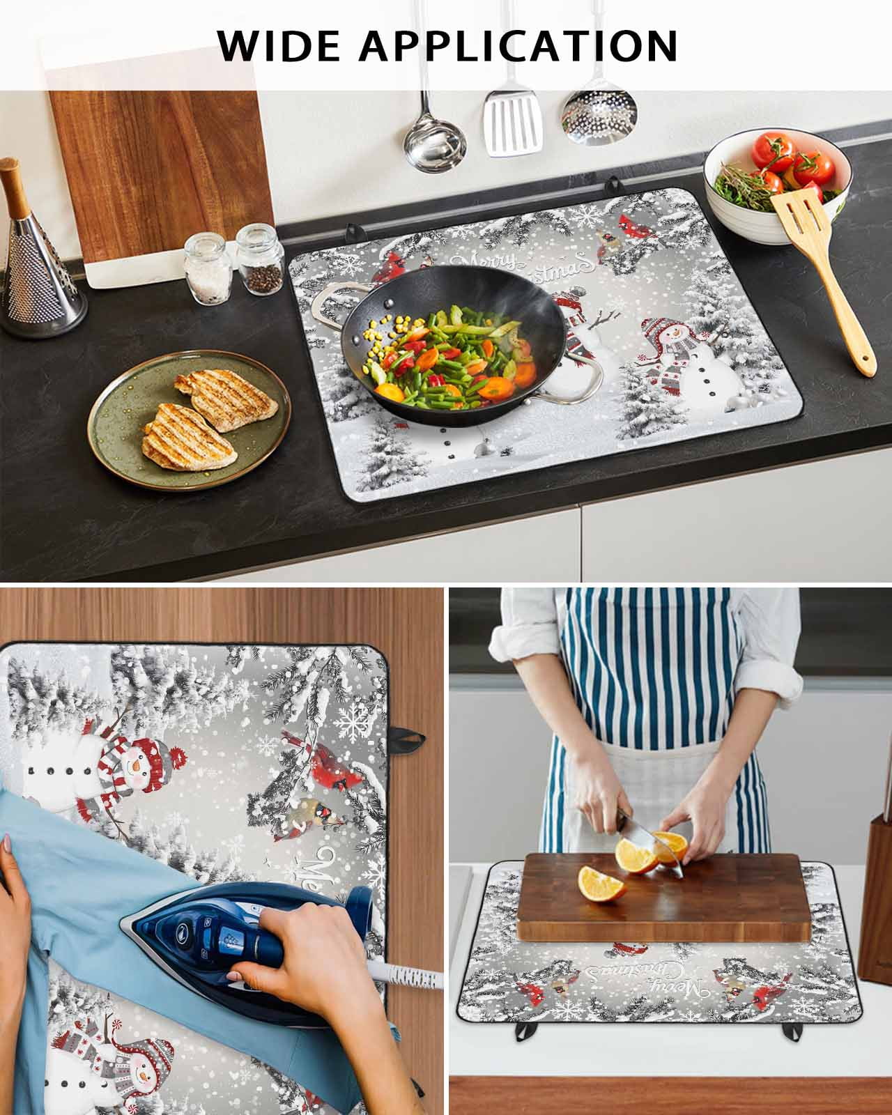 Large Induction Cooktop Protector Mat Grey Merry Christmas Stove Top Covers for Electric Stove, Snowman Xmas Tree Snowflake Winter Birds Decorative Stove Burner Cover Mats, Glass Top Stove Cover