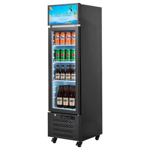 KFFKFF Commercial Merchandiser Refrigerator, 6.1 Cu.Ft / 173 L Glass Door Display Refrigerator, Upright Beverage Cooler with Customizable Lightbox, 3 Adjustable Shelves & Soft LED Light