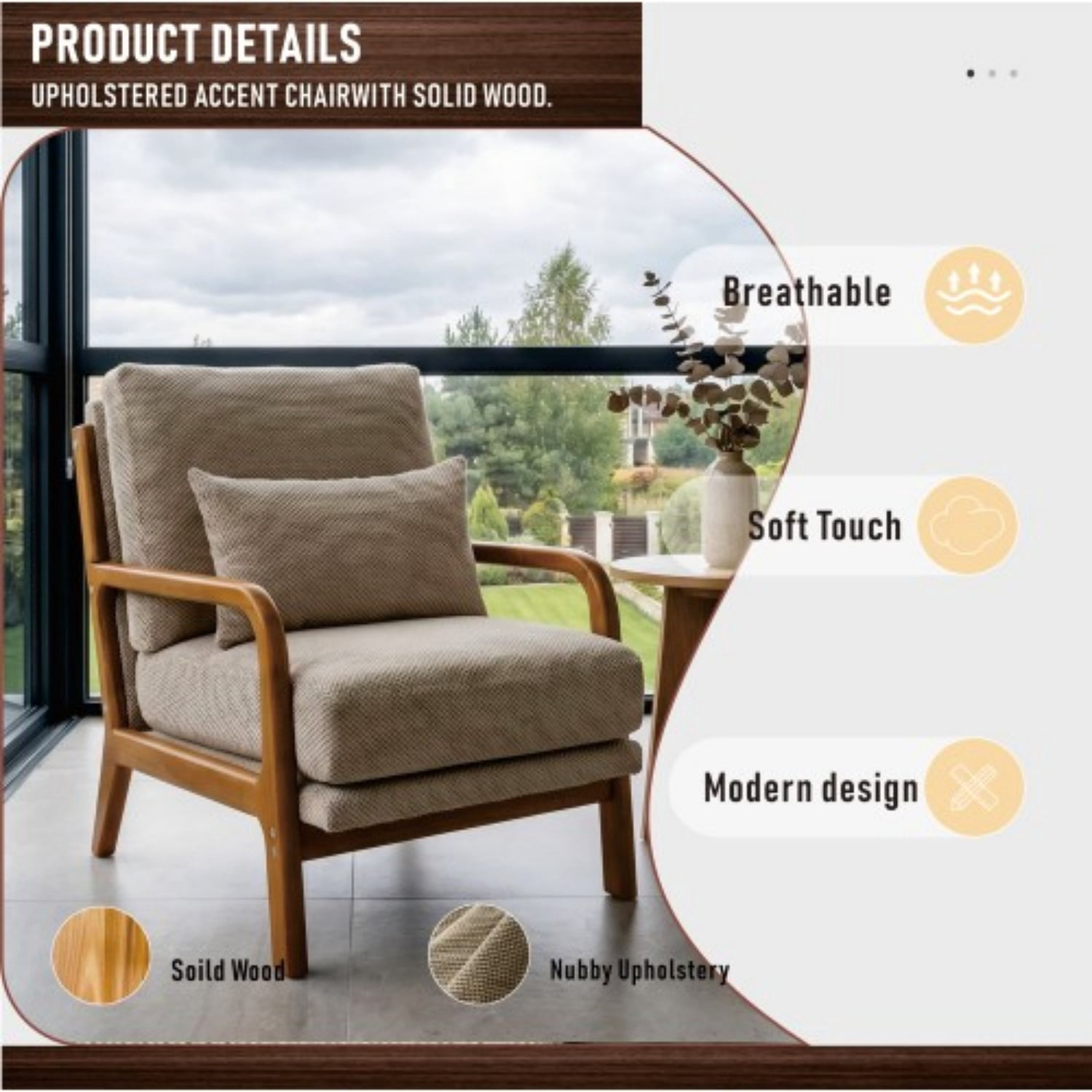 Wooden Lounge Accent Chair with Solid Wood Armrests, Upholstered Reading Chair with High-Density Foam Cushion, Modern Leisure Armchair for Living Room, Bedroom, Balcony & Office, Camel
