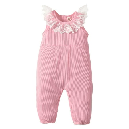

KIMI BEAR Newborn Baby Girls Rompers 9 Months Newborn Girls Summer Bodysuits 12 Months Newborn Girls Sweet Lace Neck Pit Stripe Sleeveless Jumpsuits Pink