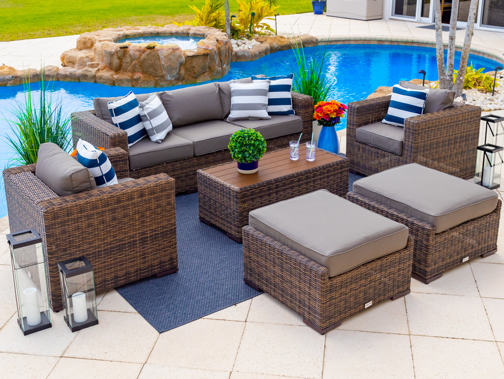 Tuscany 6-Piece L Resin Wicker Outdoor Patio Furniture Lounge Sofa Set with Three-seat Sofa, Two Armchairs, Two Ottomans, and Coffee Table (Half-Round Brown Wicker, Sunbrella Canvas Charcoal) - image 1 of 4