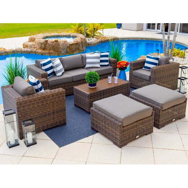 Tuscany 6-Piece L Resin Wicker Outdoor Patio Furniture Lounge Sofa Set with Three-seat Sofa, Two Armchairs, Two Ottomans, and Coffee Table (Half-Round Brown Wicker, Sunbrella Canvas Charcoal)