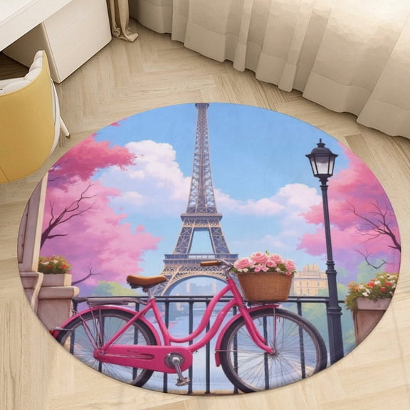Pink Bicycle in Paris Round Area Rugs for Bedroom Living Room, 3FT Soft Indoor Circle Carpets, Carpet Home Decor Floor Mat
