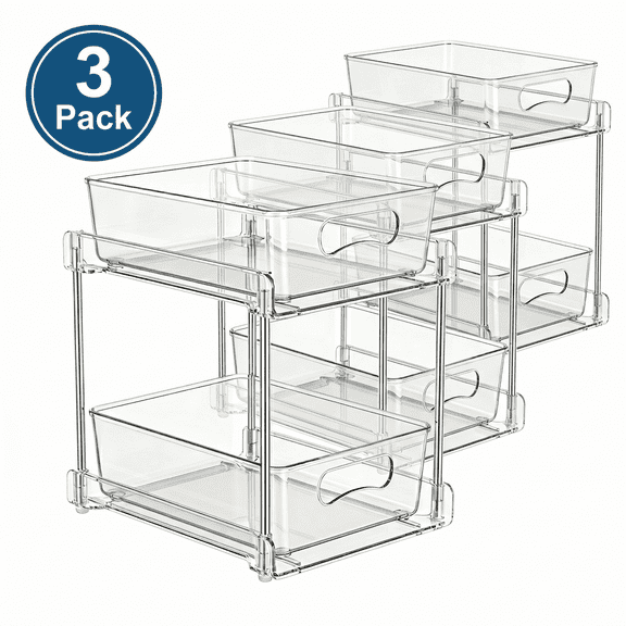 Riousery 2-Tier Clear Under Sink Organizer, 3-Pack Pull-Out Cabinet Storage, Stackable Design for Kitchen and Bathroom