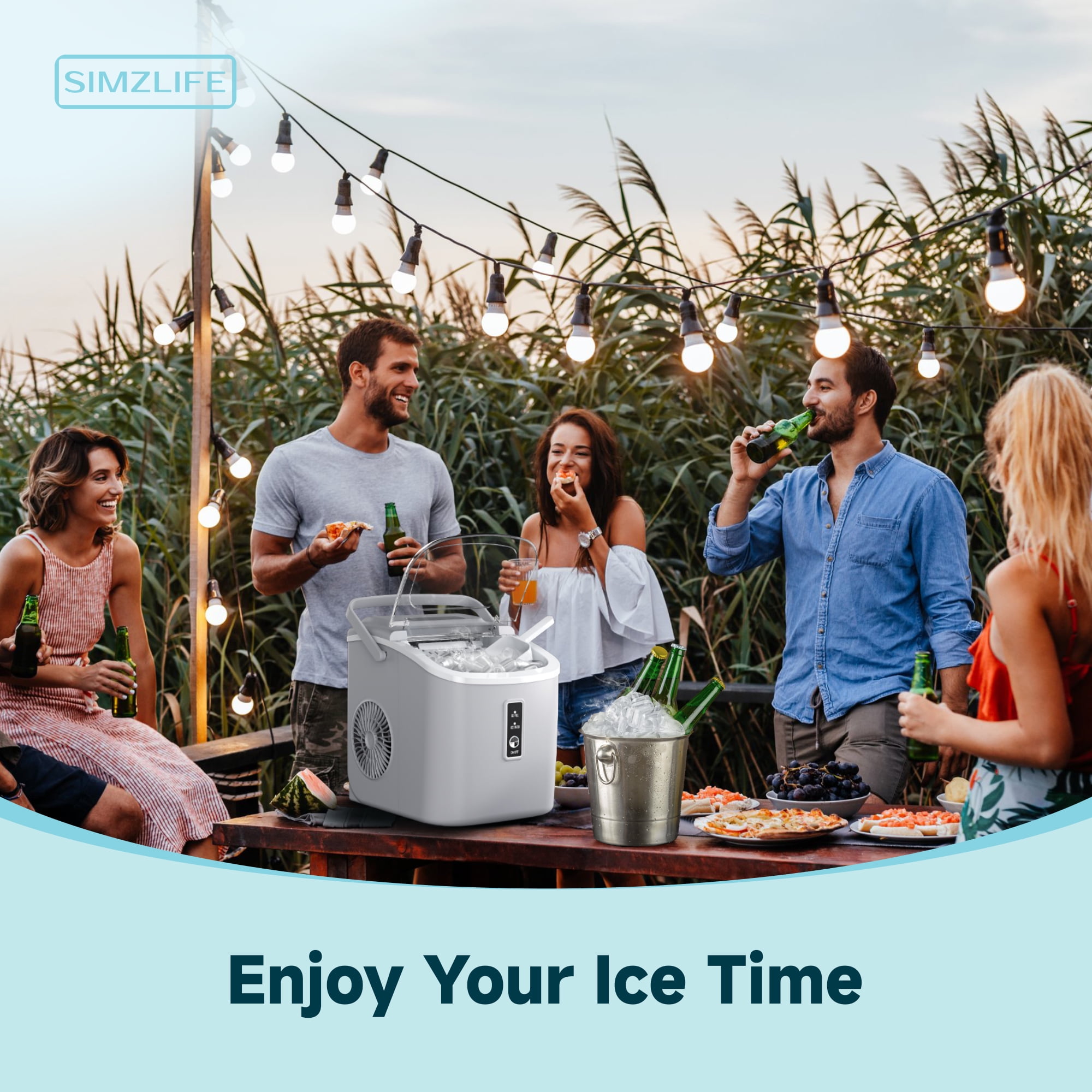 Simzlife Countertop Ice Maker with Handle,Portable Ice Machine with Basket and Scoop, 9 Bullet Ice In 6 Mins, 26Lbs/24H, Self-Cleaning