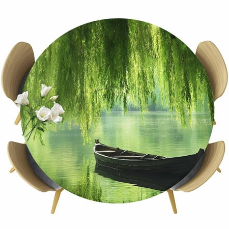 Round Fitted Tablecloth Green Leaves Boat Lake Circle Table Cover Waterproof Table Cloth with Elastic Edge Zan Natural Scenery Outdoor Tablecloths for Kitchen Picnic 55-60in