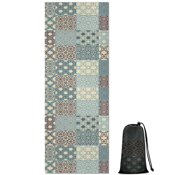 Blue Geometric Patchwork Pattern Hot Yoga Mat Towel Non Slip for Hot Yoga - Quick-Drying Yoga Mat Cover with 4 Corner Pockets with Travel Bag - Hot Yoga Towel Non Slip 70"x26"