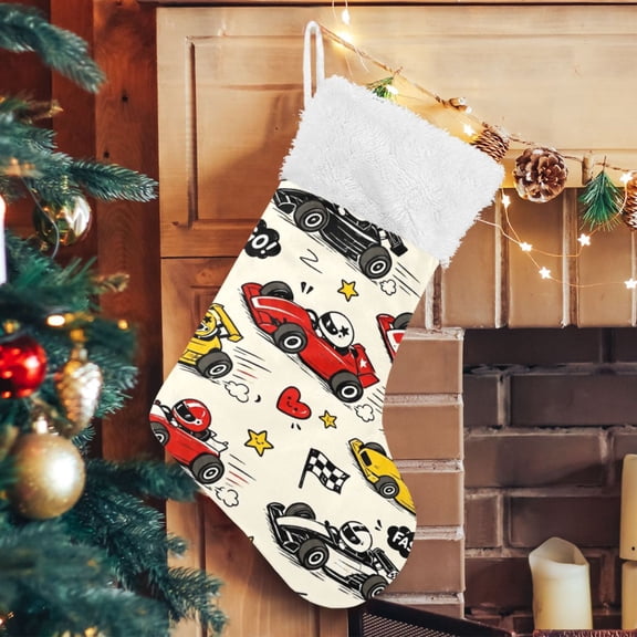 RMDQTR Christmas Stockings for Xmas Gifts - Large Size Festive Holiday Decor for Family Cute Cartoon Race Cars Pattern