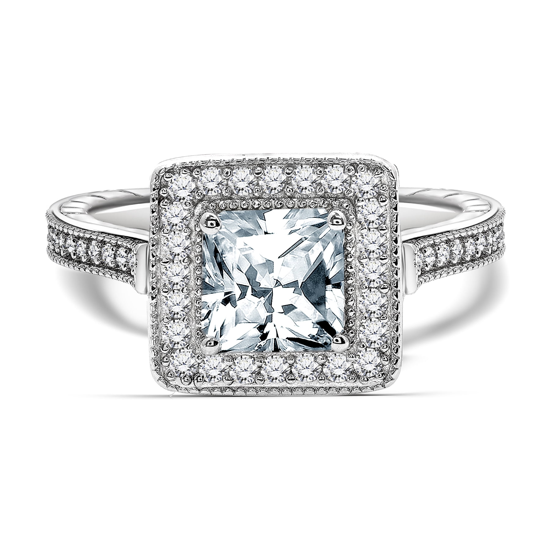 JeenMata 2.25 Carat Princess Cut Engagement Ring - Milgrain Ring - Vintage Ring - Halo Ring - 18K White Gold Over Silver