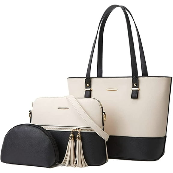 Ladies Fashion Leather Handbag 3pcs/set (Black/White)