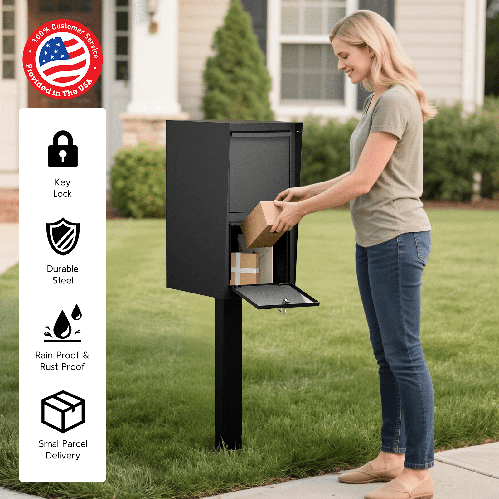 POCHAR Secure Curbside Locking Mailbox for Packages, Weekend-Away Design with In-Ground Post and Base Plate (Black)