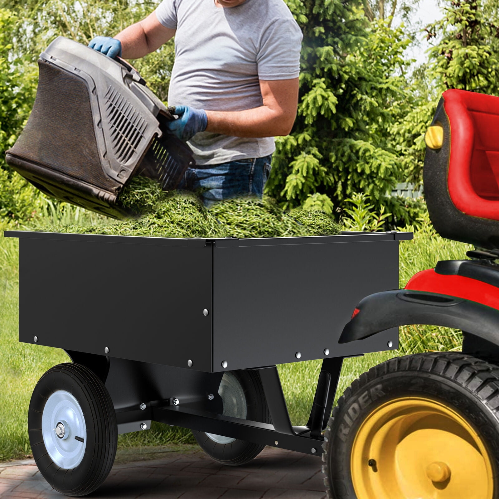 RVNI 350LB Capacity Dump Cart Trailer Tow Behind Lawn Steel for Lawn Tractor & ATV UTV With Wheels Black