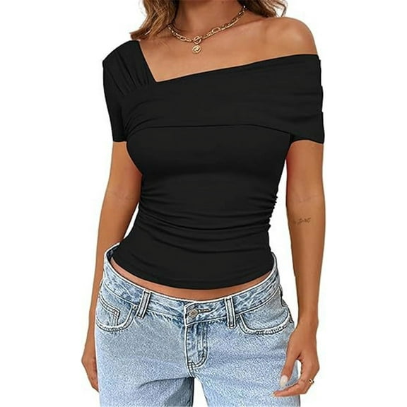 Silver Basic Womens Summer Sexy Off Shoulder Cotton Short sleeved T-shirt M,Black-1