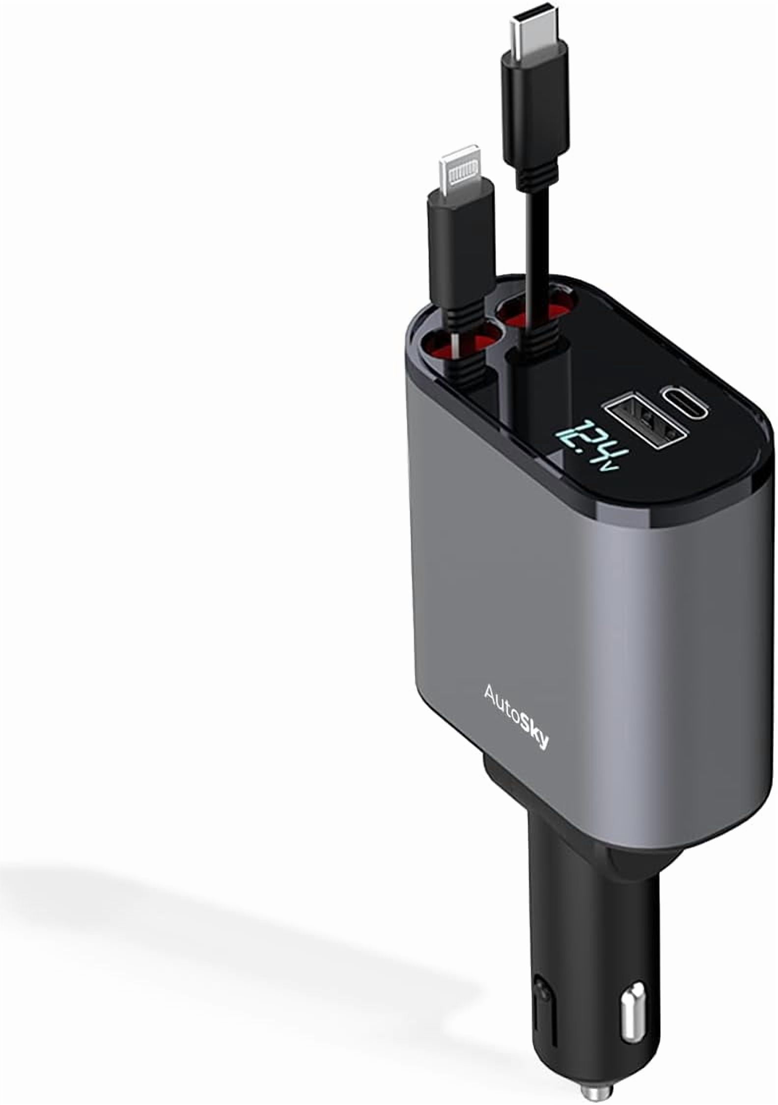RGHJAR-4-in-1 Retractable Fast Charger, for Cars: 100W Car USB-C & iPhone Cable, USB-C/A Ports - Compatible with iPhone, Galaxy, Pixel and More.