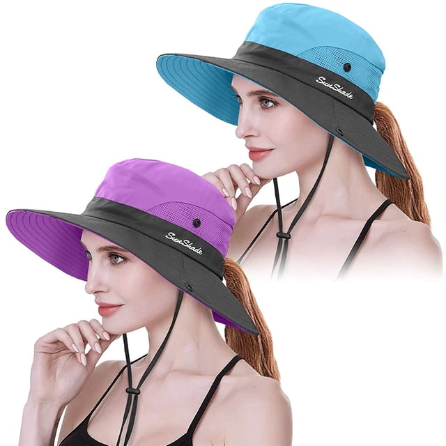 2 Pcs Chapeau de Soleil pour Femmes à Queue de Cheval, Protection UV, Pliable, Grand Bord, Casquette Boonie pour la Pêche et la Randonnée