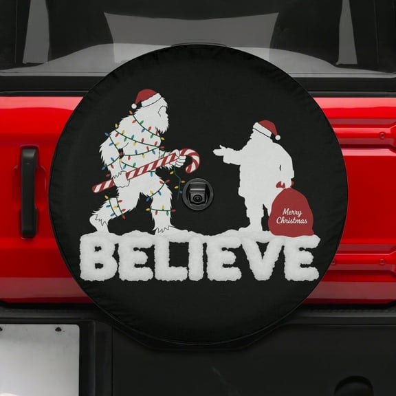 Lotusprinthandmade Christmas Bigfoot and Santa Graphic Spare Tire Cover With Backup Camera Hole 6 Sizes (27 in.), Christmas Themed Bigfoot Tire Cover