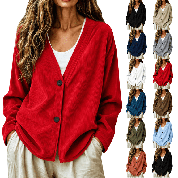 Corduroy Cardigan Sweaters for Women Button Up Loose V Neck Long Sleeve Comfy Jacket Dressy Elegant Basic Fall Tops Red S