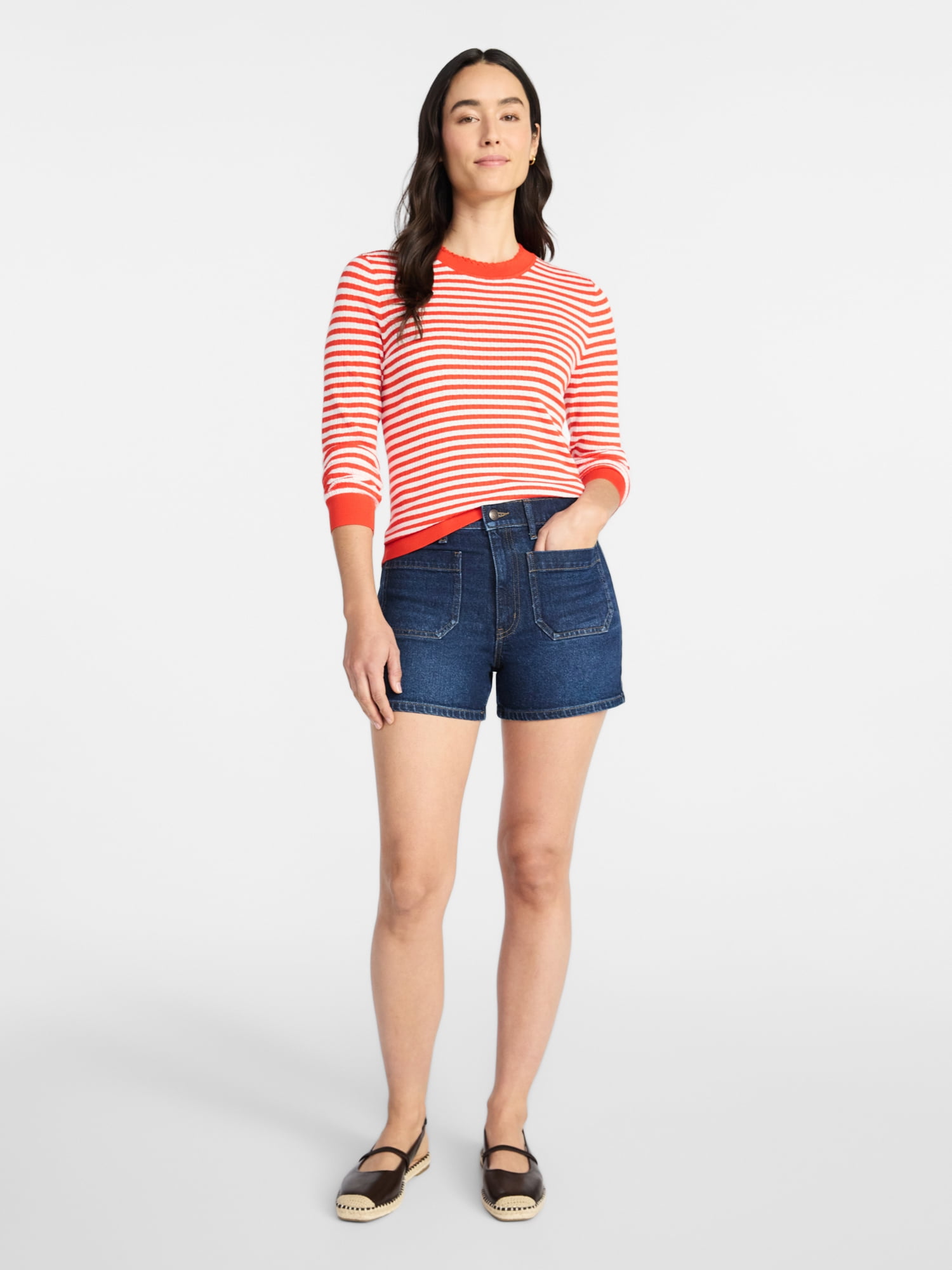 Time and Tru Women's Striped Pointelle Pullover Sweater with Long Sleeves, Midweight, Sizes XS-XXXL