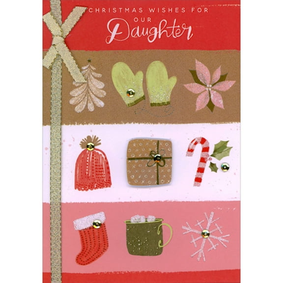 Designer Greetings Sparkling Gold 3D Die Cut Present with Sequin, Mittens, Hat and Gold Ribbon Hand Decorated Christmas Card for Our Daughter