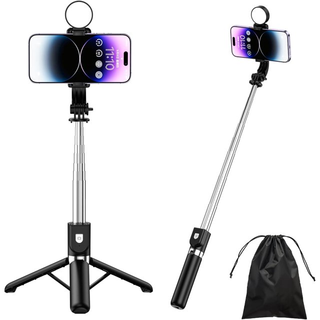 KOMI 43'' Selfie Stick Tripod with Light,Stable Tripod Stand with Detachable Wireless Remote,Compatible with iPhone 15 Pro Max/15 Plus/14/13, GoPro,Samsung,LG,Google Smartphones(Black with Light)