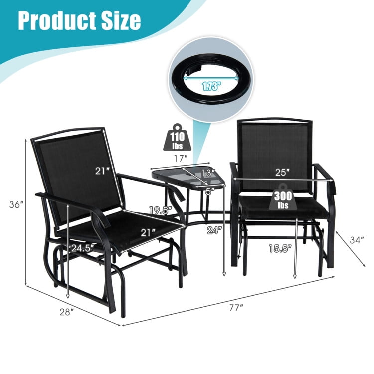 Aimee Lii Patio Conversation Sets, Double Swing Glider Rocker Chair Set with Glass Table, Black